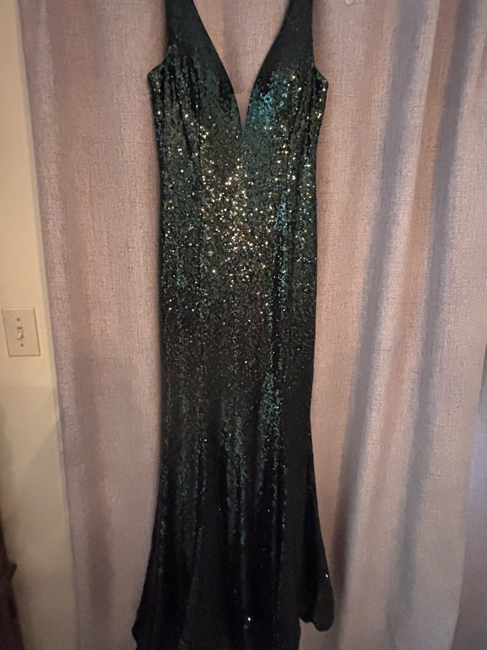 Mori Lee Dark Green Sequined Deep V Formal Dress